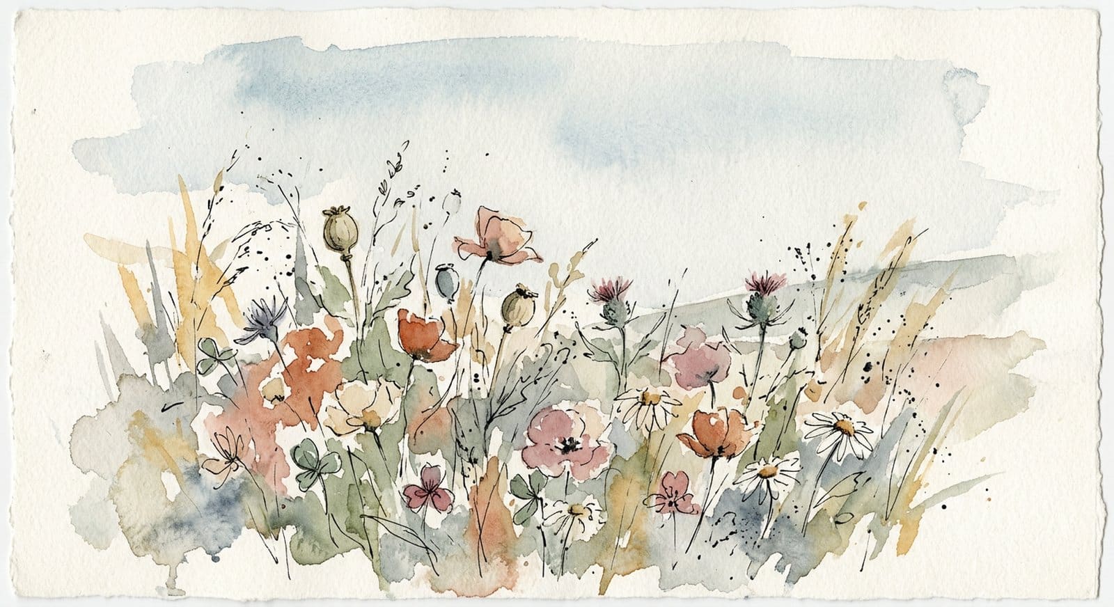 A watercolour of downland wildflowers and grasses of many different kinds growing together.