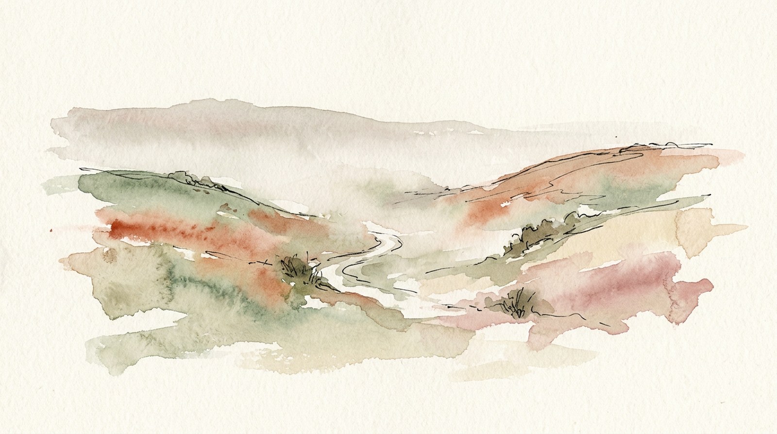 A watercolour of early mist lifting off the South Downs, the shape of the hills becoming visible through it.