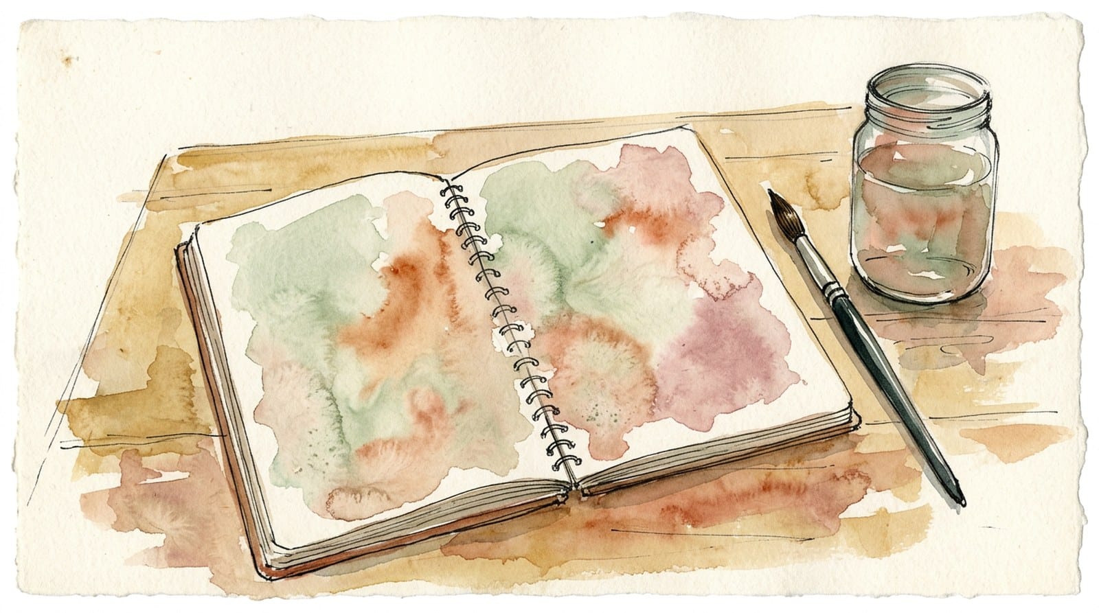 A watercolour of an open notebook beside a brush and a jar of water, its pages washed with colour.