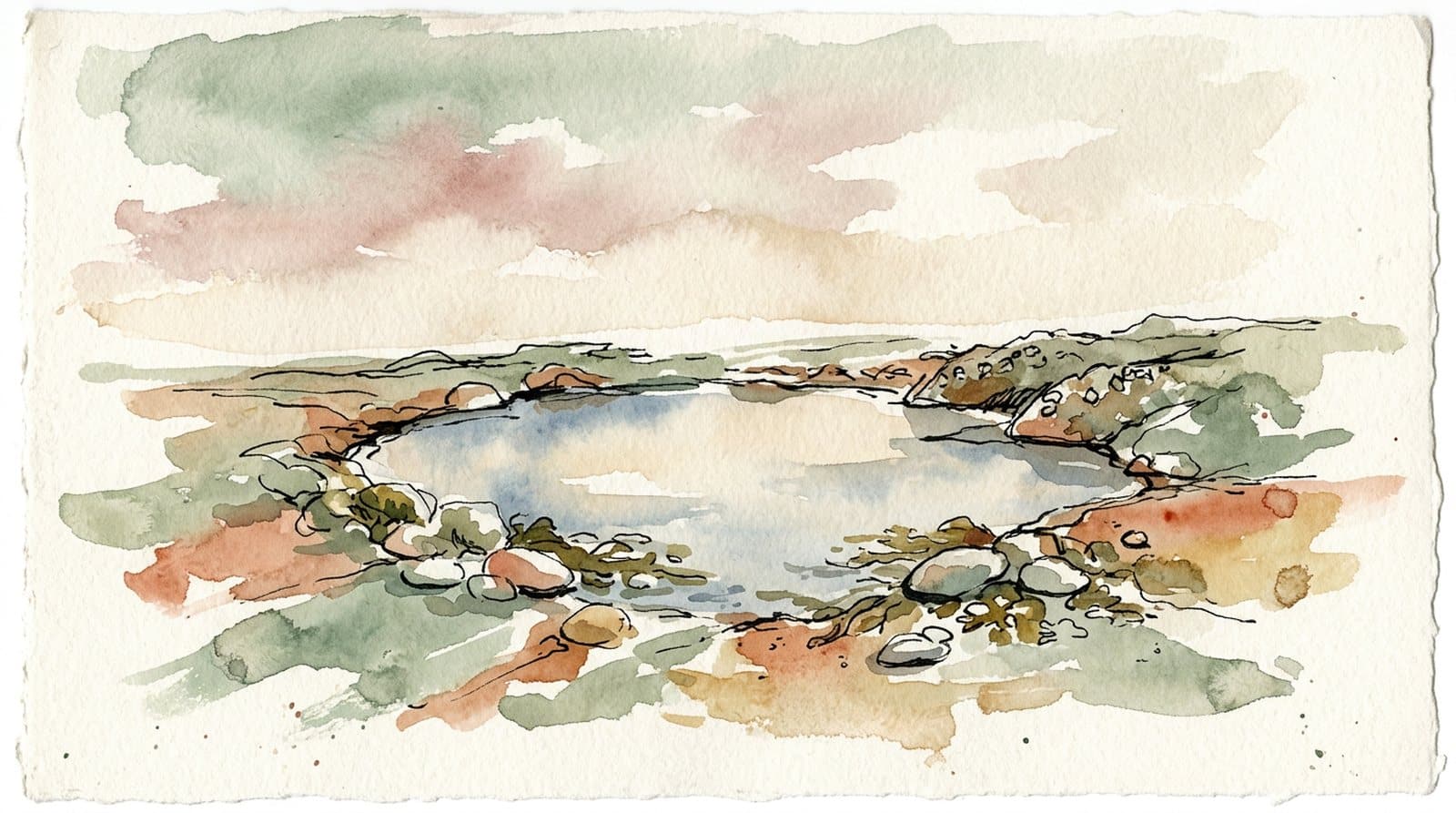 A watercolour of a still rock pool at low tide, reflecting a quiet sky.
