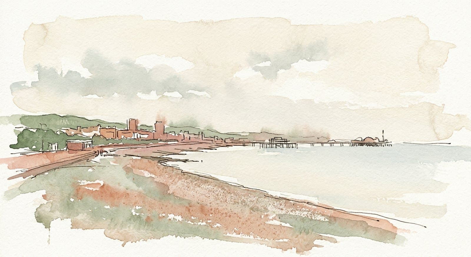 A watercolour of the seafront in soft weather, with the pier in the distance.