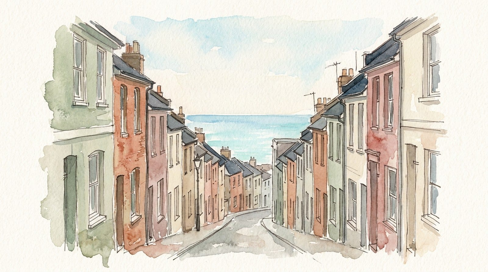 A watercolour of a narrow Brighton street of terraced houses, with a band of calm sea visible at the far end.
