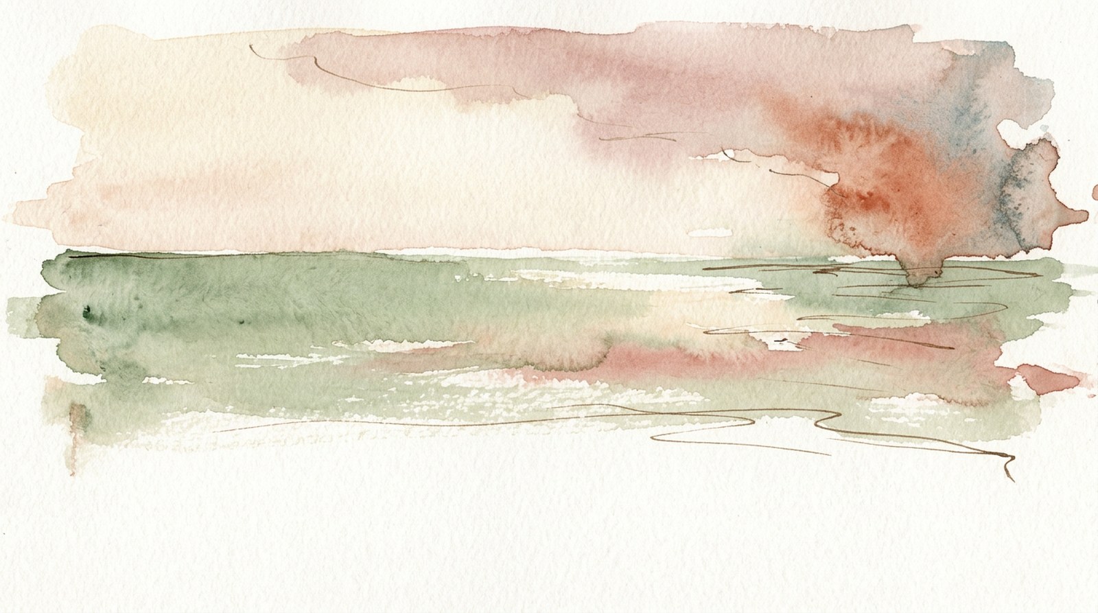 A watercolour of a calm sea under a clearing sky, the last band of rain drifting away at one edge.